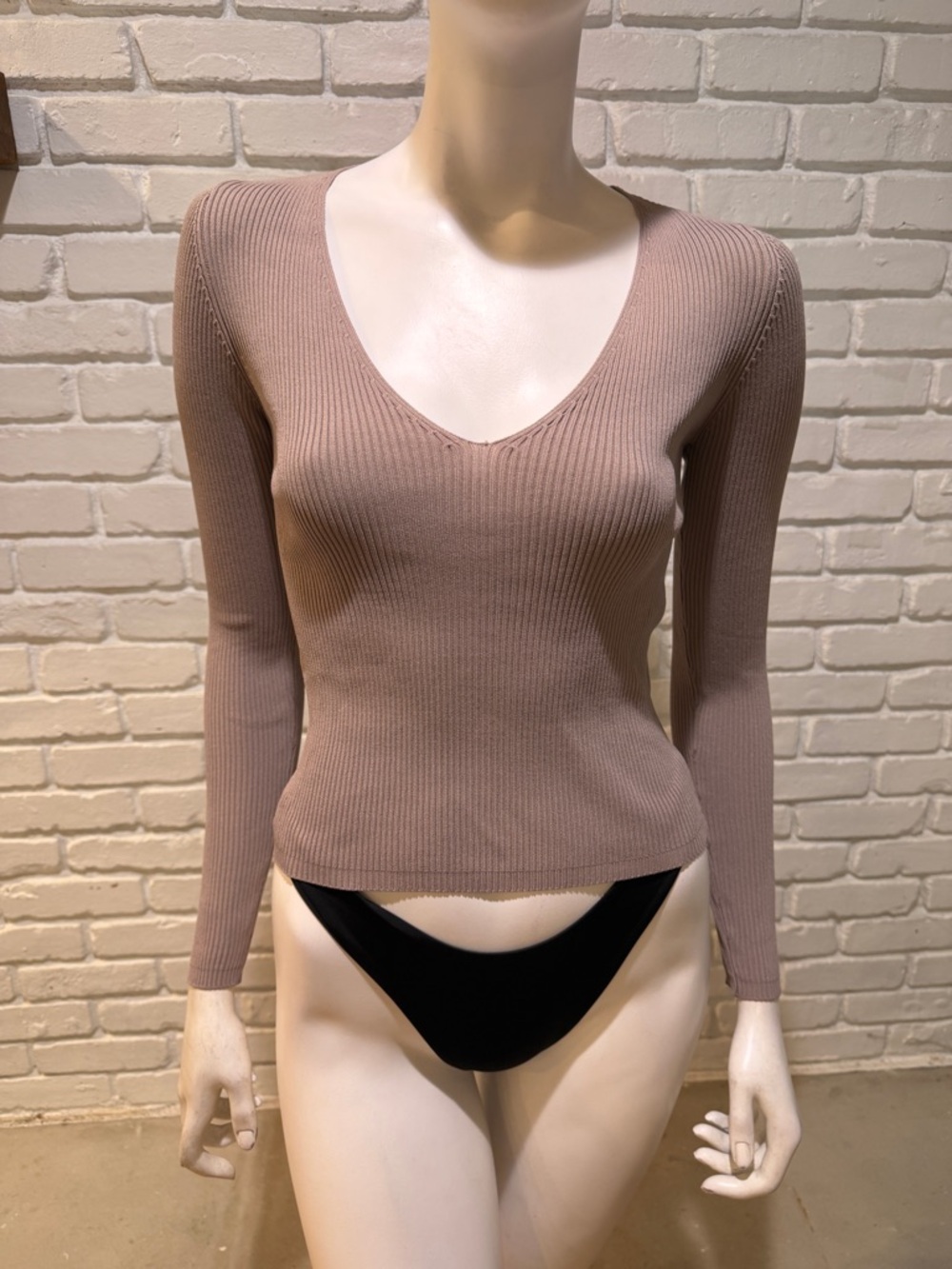ZARA Mushroom Taupe Ribbed V-Neck Sweater Deep V Fitted Stretchy Small NWT - Picture 2 of 11